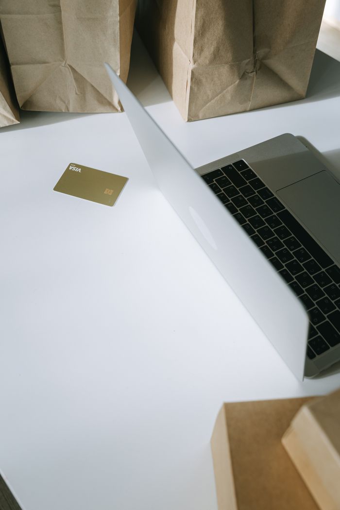 services-01 A laptop with a credit card, surrounded by paper bags, illustrating online shopping.